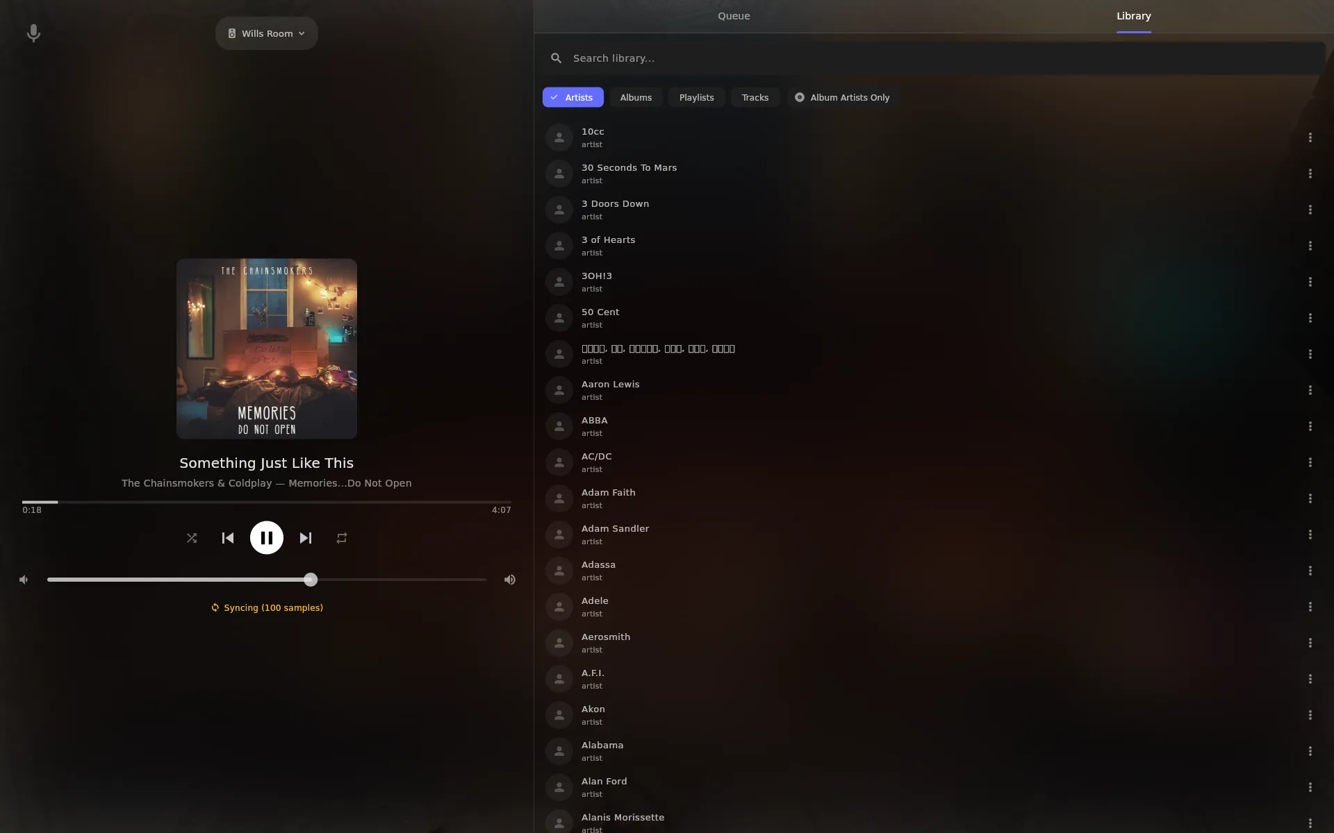 SendSpin music player showing 'Something Just Like This' from the Memories album, with a scrollable artist library on the right