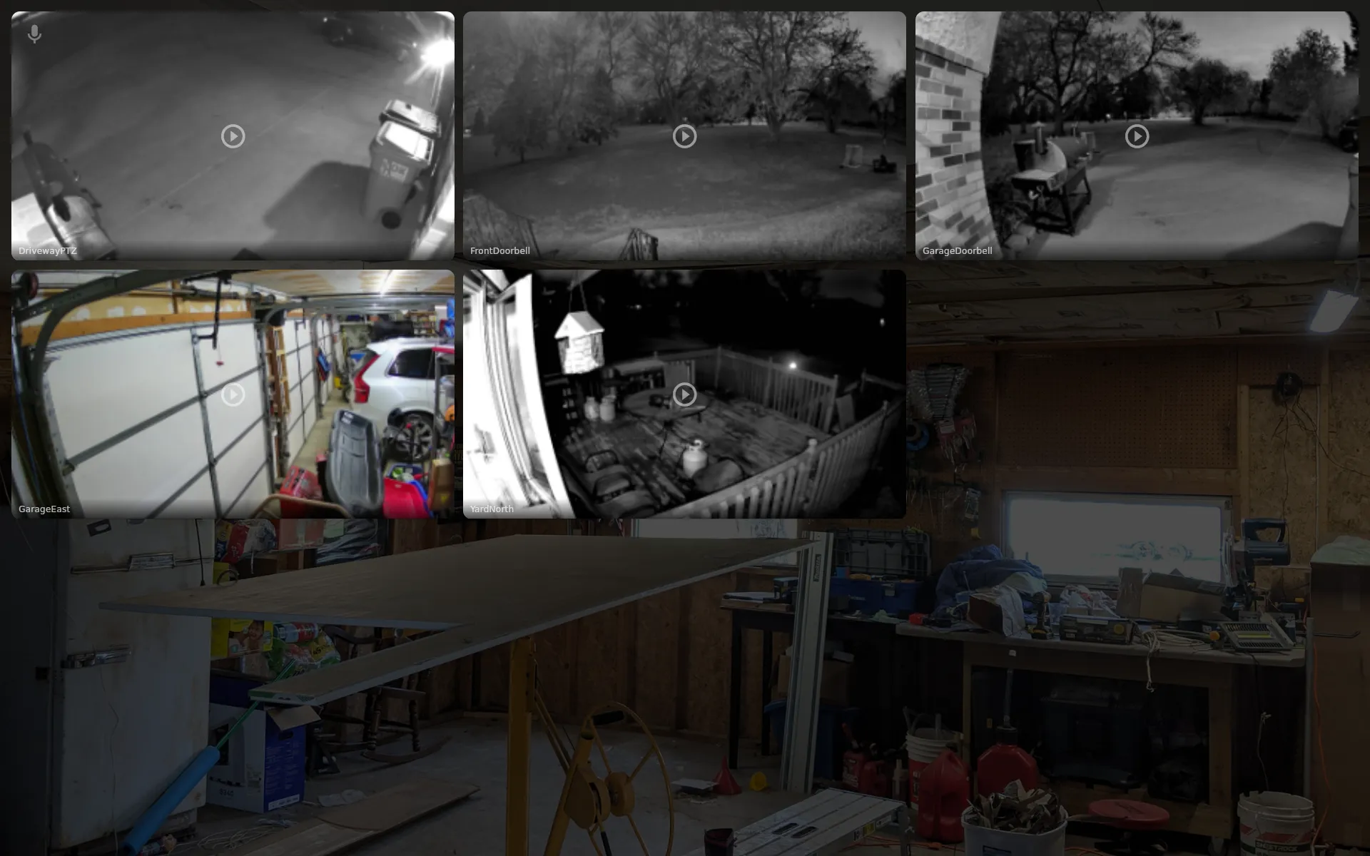 Frigate camera grid showing live security feeds from driveway, yard, garage, backyard, and workshop