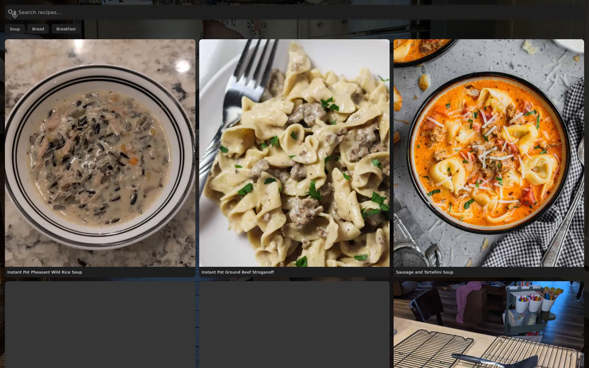Mealie recipe browser displaying photos of Instant Pot Pheasant Wild Rice Soup, Ground Beef Stroganoff, and Sausage Tortellini Soup